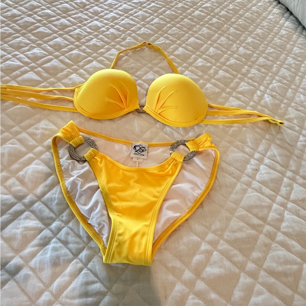 Yellow Two-Piece Bikini Set with Rhinestone Ring Accents